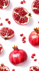 Fresh and vibrant pomegranates on a white background.