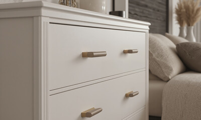Minimalist furniture handles in a matte mocha mousse finish with elegant elongated gold-dipped tips, installed on sleek, neutral-colored dressers.