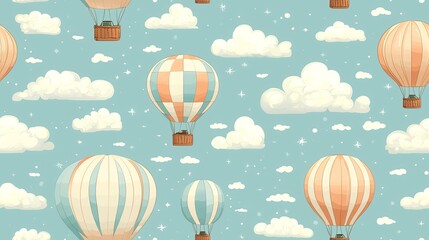 Obraz premium Pastel hot air balloons float amidst fluffy clouds; a whimsical sky pattern for fabric or wallpaper design
