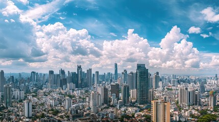 Obraz premium Dynamic cloudscape over a bustling city skyline a panoramic view of skyscrapers urban life and blue skies captured from a high vantage point