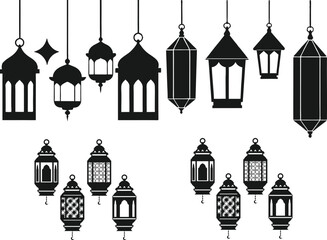 Silhouette collection of hanging lanterns, showcasing intricate geometric designs and traditional styles in a classic black and white theme.