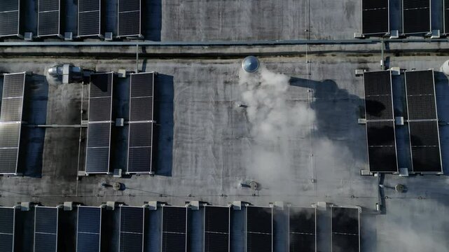 extensive roof of industrial and logistic hall are gradually being filled with solar panels. covering roofs helps industrial developer increase energy efficiency and sustainability site, building 