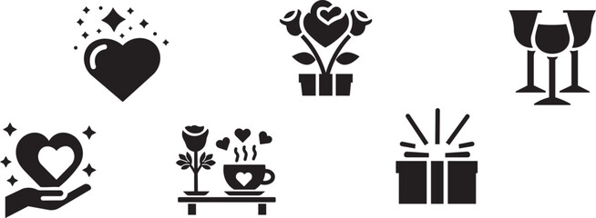 Valentine's Day icon set. containing flower, hand,  heart, love, gift and more black vector design 