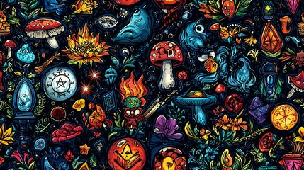 Naklejka premium Psychedelic fantasy seamless pattern with mystical creatures, flowers, and symbols; perfect for textile prints, wallpapers, or digital designs