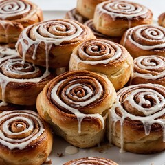 Fototapeta premium A stack of cinnamon rolls, warm and gooey, sitting elegantly on a white background.