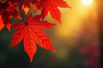 Crimson and gold maple leaves backlit by sunlight , fall leaves, scenic