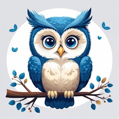 Obraz premium Cute blue owl cartoon illustration on plain white background