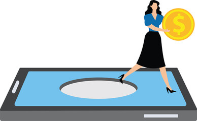 A businesswoman takes a big coin out of his mobile phone. Illustration for making money online, working from home, freelancing