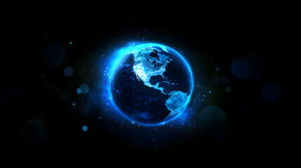 Stunning Blue Glowing Earth in Dark Space Background with Bokeh Lights