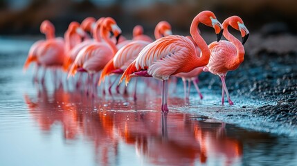 Obraz premium Flamingos wading gracefully in a tranquil lagoon with vibrant reflections