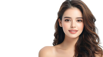 Fototapeta premium Striking portrait, woman with long brown hair against a black background