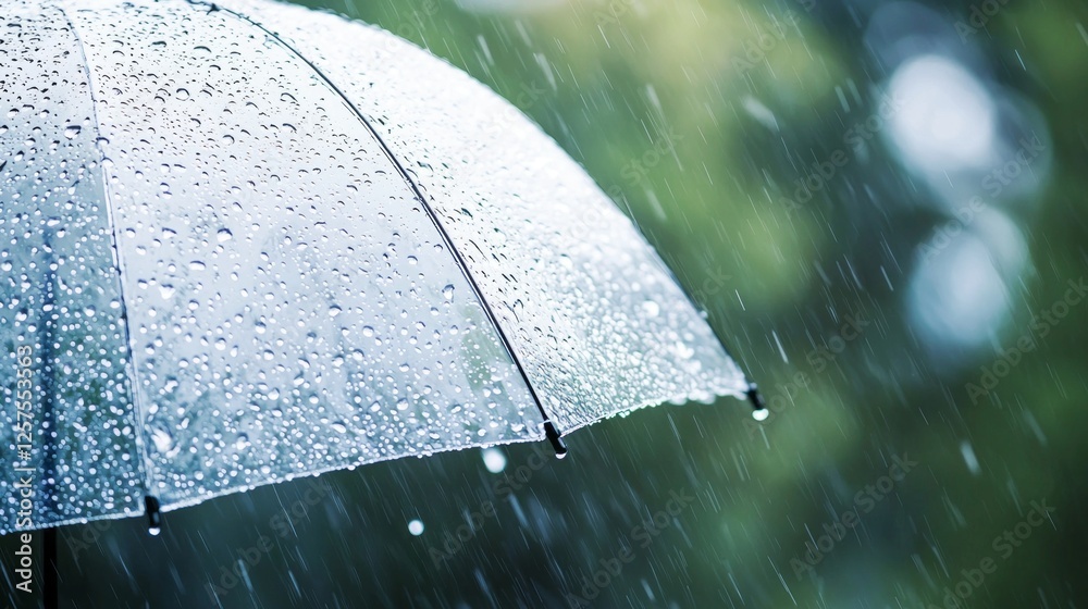Poster amidst a tranquil backdrop, rainfall creates a symphony of soft sounds as droplets cascade onto a tr