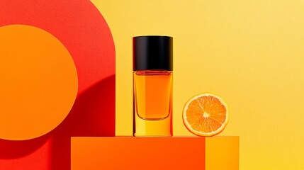 Vibrant Orange Perfume Bottle with Citrus Slice on Colorful Background