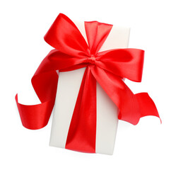 Gift box with red bow isolated on white, top view