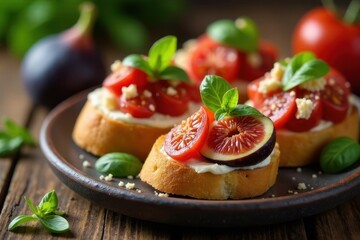 Delicious Appetizers Featuring Toasted Bread, Creamy Cheese, Sliced Figs, and Fresh Tomatoes, Garnished with Basil Leaves