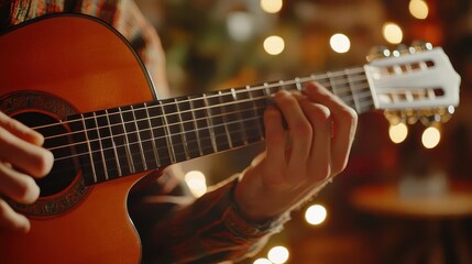 Fototapeta premium Music, close-up of hands strumming a guitar, bright studio background