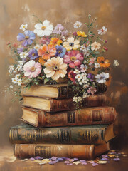 Vintage Easter Spring Flower on Books Stack