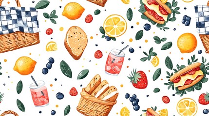 Summer picnic basket, food, drinks, and fruits pattern; ideal for fabric, packaging, or website design