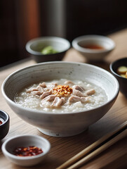 Homemade Pork Porridge in a Deep White Bowl with Side Condiments