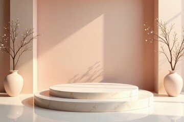 Serene Minimalist Display Elegant Two-Tiered Marble Pedestal with Delicate Blooming Branches in Pastel Vases