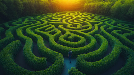 Naklejka premium Aerial view of complex hedge maze with man exploring its paths, surrounded by lush greenery and warm sunset glow. scene evokes sense of adventure and curiosity