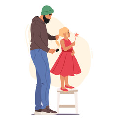 Hipster father preparing pretty daughter for birthday holiday celebration making hairstyle scene
