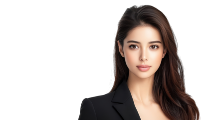 Professional woman in a black suit and white shirt, portrait of confidence style