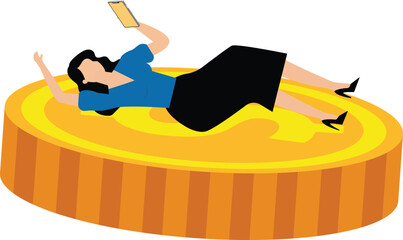 Fototapeta premium A businesswoman sleeping on coins holding a mobile phone. Illustration for earning money online, work from home, freelance