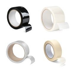 Rolls of different adhesive tapes isolated on white, set