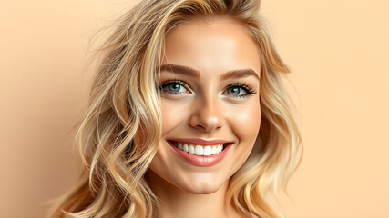 Naklejka premium Stunning middle aged blonde woman, few wrinkles clean skin face, blonde volumized long hair and sexy smile. Attractive model portrait on soft yellow background. Young skincare spa concept. Beauty lady