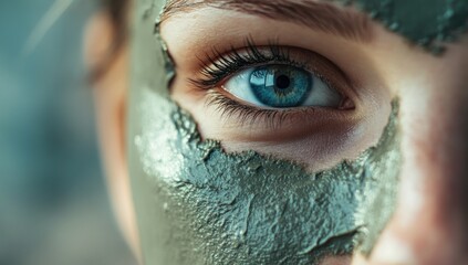 Close-up of a Woman's Eye with a Gray Clay Mask