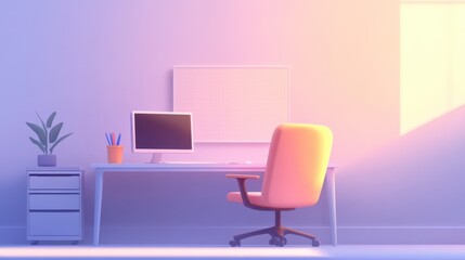 a modern office setup with computer and plant