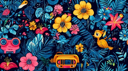 Vibrant tropical jungle illustration with playful animals and vehicles, perfect for textile prints or kids' book illustrations
