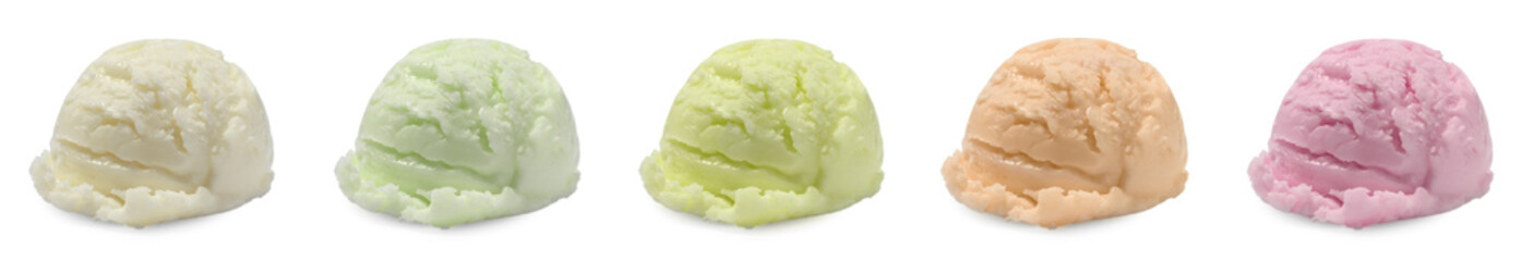 Tasty ice-cream, scoops of different flavors on white background, set