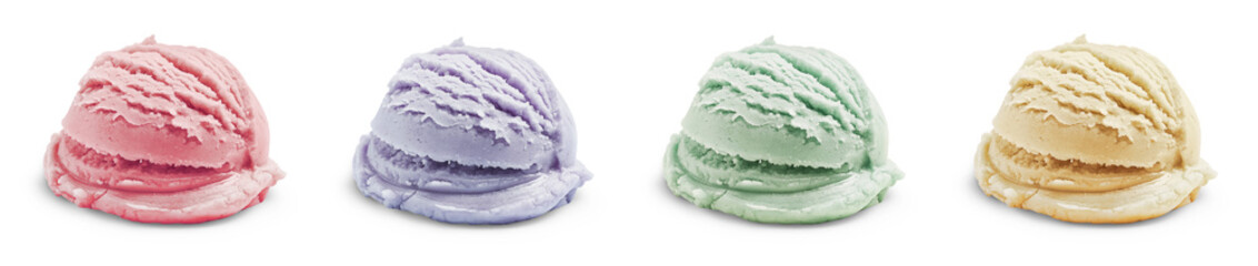 Tasty ice-cream, scoops of different flavors on white background, set