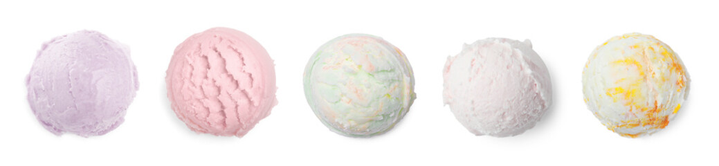 Tasty ice-cream, scoops of different flavors on white background, set. Top view