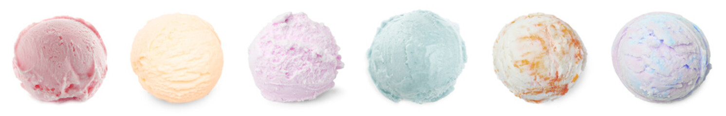 Tasty ice-cream, scoops of different flavors on white background, set