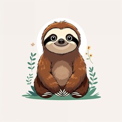 Obraz premium Cute brown sloth cartoon illustration on plain white background