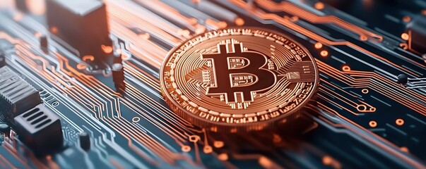 A close-up of a Bitcoin on a circuit board, symbolizing cryptocurrency and digital finance technology.
