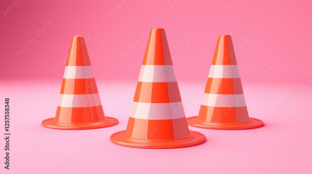 Poster three red traffic cones with white stripes sit prominently on a soft pink surface, creating a contra