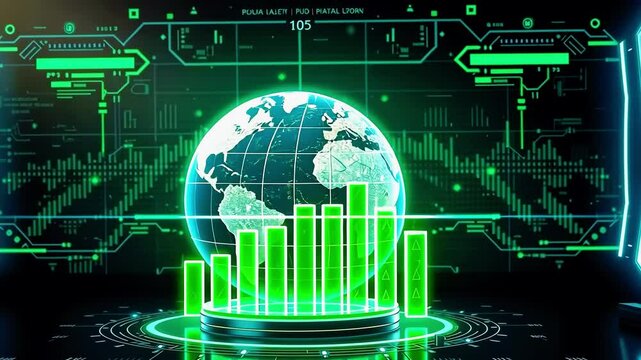 Futuristic digital globe with green data analytics bars, representing global growth in technology