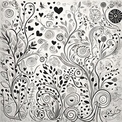 A black-and-white doodle illustration featuring intricate floral patterns, swirling vines, tiny hearts, and abstract geometric shapes, in a playful hand-drawn sketch style.