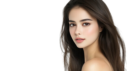 Fototapeta premium Stylish woman with long brown hair and a white top, fashion portrait