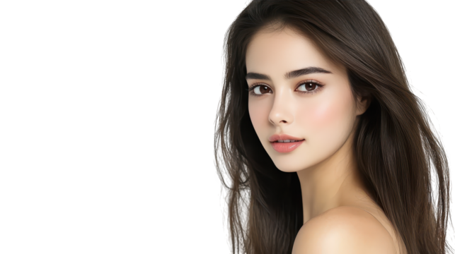 Stylish woman with long brown hair and a white top, fashion portrait - Powered by Adobe