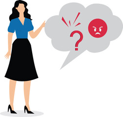 A businesswoman holds up a chat bubble filled with angry and mocking emoji. Illustration for bullying, violence and seniority.