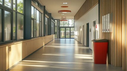 Sunlit school corridor, doors, trees, modern design, education