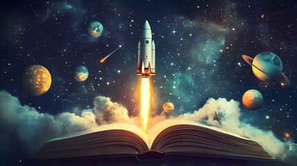Naklejka premium Rocket launching from an open book in a cosmic landscape. Generative AI