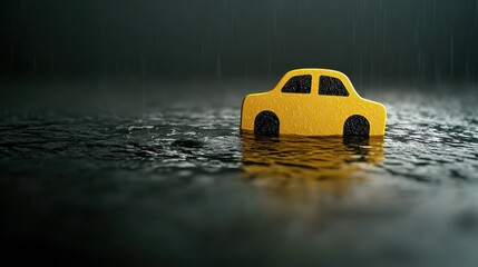 Fototapeta premium Yellow toy car submerged in water, a playful and whimsical scene yellow
