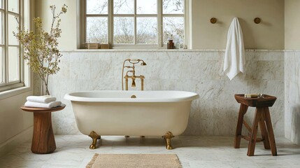 Elegant cream colored claw foot bathtub in a light beige bathroom with natural wood accents and a large window.