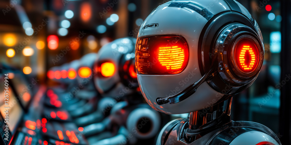 Poster ai-powered customer support robots in a modern call center revolutionizing automated service solutio